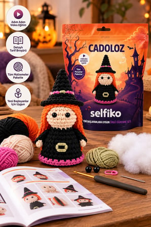 SELFIKO Cadoloz Cadılar Bayramı Halloween Amigurumi Örgü Seti Cadı Figürü Videolu Başlangıç Hobi Kit