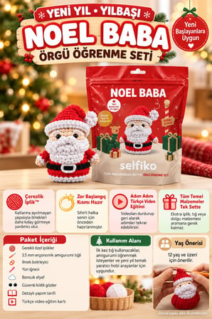 SELFIKO Yeni Yıl Yılbaşı Noel Baba Örgü Öğrenme Seti Amigurumi Başlangıç Hobi Kiti Videolu
