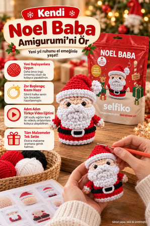 SELFIKO Yeni Yıl Yılbaşı Noel Baba Örgü Öğrenme Seti Amigurumi Başlangıç Hobi Kiti Videolu