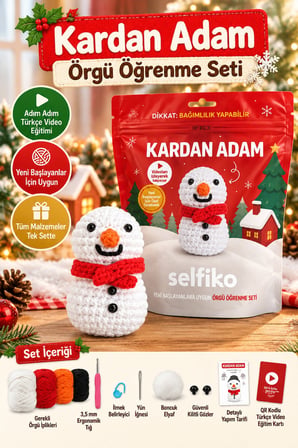SELFIKO Yılbaşı Yeni Yıl Kardan Adam Örgü Öğrenme Seti Amigurumi Başlangıç Kiti Videolu Eğitim