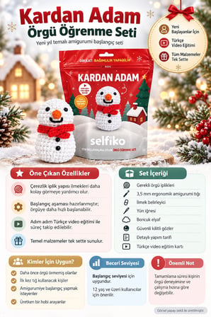 SELFIKO Yılbaşı Yeni Yıl Kardan Adam Örgü Öğrenme Seti Amigurumi Başlangıç Kiti Videolu Eğitim