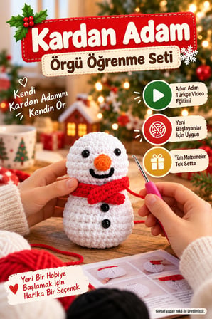 SELFIKO Yılbaşı Yeni Yıl Kardan Adam Örgü Öğrenme Seti Amigurumi Başlangıç Kiti Videolu Eğitim