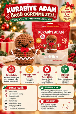 SELFIKO Kurabiye Adam Örgü Öğrenme Seti Yılbaşı Yeni Yıl Amigurumi Başlangıç Hobi Kiti