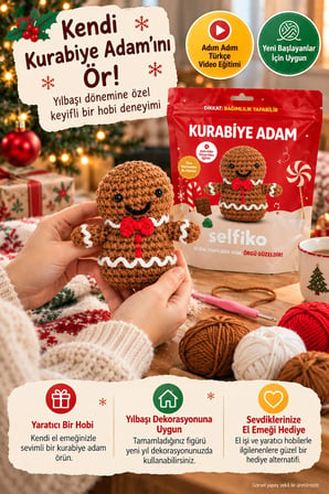 SELFIKO Kurabiye Adam Örgü Öğrenme Seti Yılbaşı Yeni Yıl Amigurumi Başlangıç Hobi Kiti