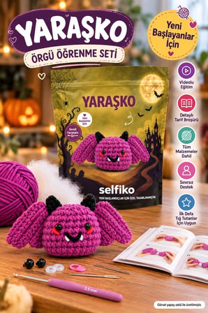 SELFIKO Yaraşko Halloween Cadılar Bayramı Amigurumi Örgü Öğrenme Seti Yarasa Figürü Yeni Başlayanlar