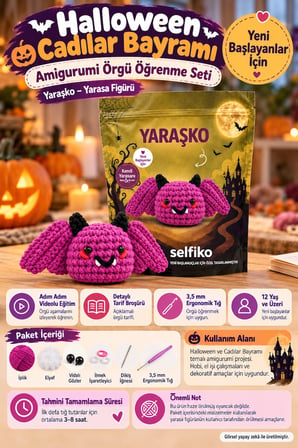 SELFIKO Yaraşko Halloween Cadılar Bayramı Amigurumi Örgü Öğrenme Seti Yarasa Figürü Yeni Başlayanlar