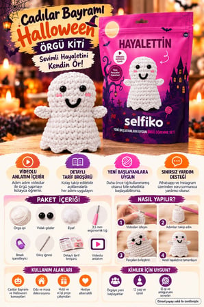 SELFIKO Hayalettin Cadılar Bayramı Halloween Amigurumi Örgü Kiti Hayalet Video Eğitimli Hobi Seti