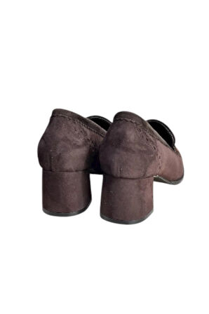 Kahve Hakiki Deri Süet Püskül Detay Topuklu Ayakkabı