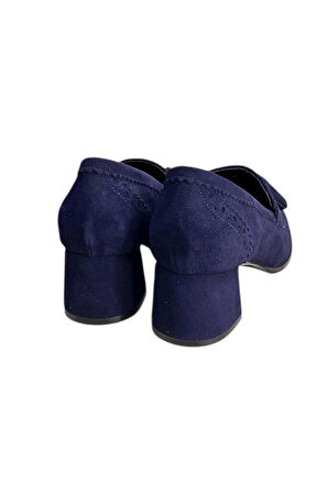 Lacivert Hakiki Deri Süet Püskül Detay Topuklu Ayakkabı