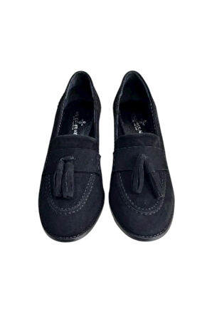 Siyah Hakiki Deri Süet Püskül Detay Topuklu Ayakkabı