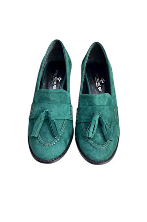 Yeşil Hakiki Deri Süet Püskül Detay Topuklu Ayakkabı