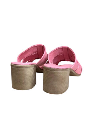 Pembe Hakiki Deri Bant Detaylı Topuklu Comfort Taban Terlik