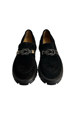 Siyah Hakiki Süet Deri Kalın Taban Loafer