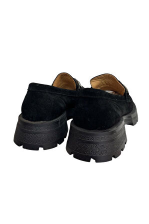 Siyah Hakiki Süet Deri Kalın Taban Loafer