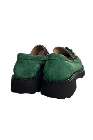 Yeşil Hakiki Deri Kalın Taban Loafer