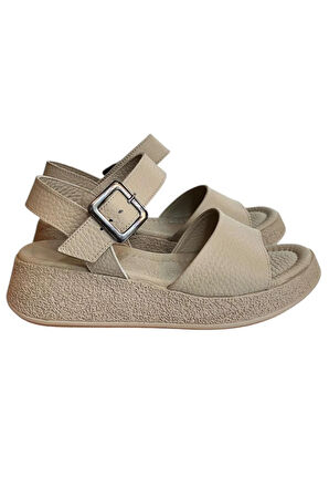 Bej Hakiki Deri Bilekten Bağlı Comfort Taban Sandalet 