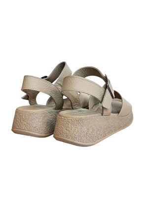 Bej Hakiki Deri Bilekten Bağlı Comfort Taban Sandalet 
