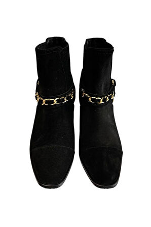 Siyah Hakiki Süet Deri Zincir Detay  Bot