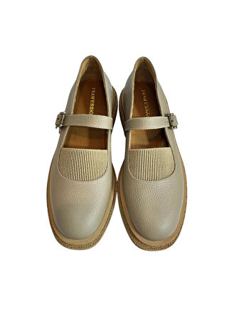 Bej Hakiki Deri Üst Kısmı Lastikli Babet