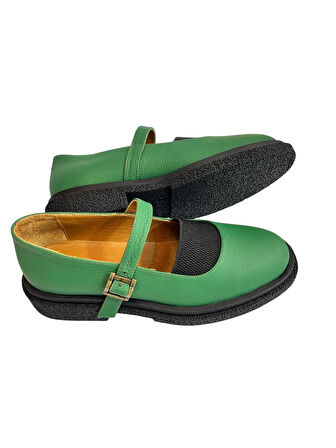 Yeşil Hakiki Deri Üst Kısmı Lastikli Babet