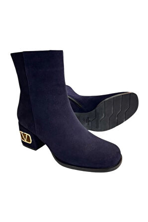 Lacivert Hakiki Süet Deri İçi Sıcak Astar Topuklu Bot