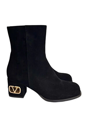 Siyah Hakiki Süet Deri İçi Sıcak Astar Topuklu Bot