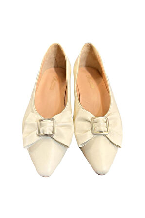 Ekru Hakiki Deri Fiyonk Tokalı Babet Ayakkabı