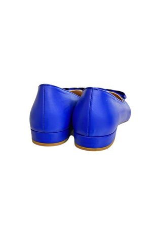 Mavi Hakiki Deri Fiyonk Tokalı Babet Ayakkabı