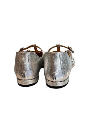 Gümüş Hakiki  Deri Çift Bantlı Babet Ayakkabı