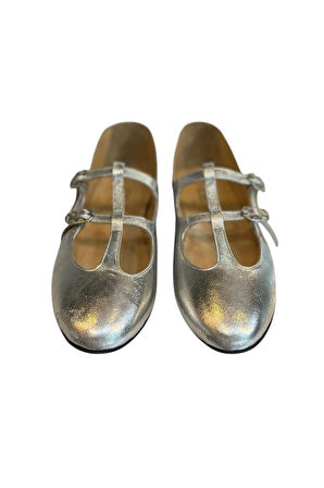 Gümüş Hakiki  Deri Çift Bantlı Babet Ayakkabı