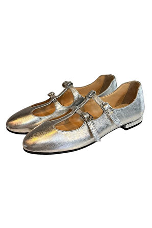 Gümüş Hakiki  Deri Çift Bantlı Babet Ayakkabı