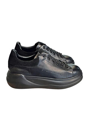 Siyah Hakiki Deri Kalın Taban Bağcıklı Sneaker