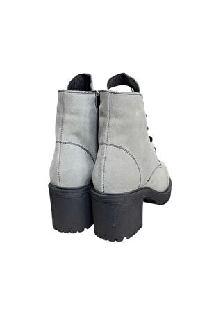 Gri Hakiki Süet  Bağcık Detay  Yandan Fermuarlı Kalın Topuk Bot