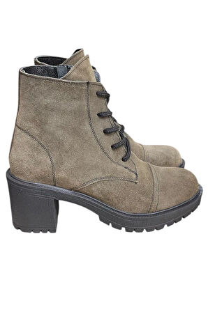 Haki Hakiki Süet  Bağcık Detay  Yandan Fermuarlı Kalın Topuk Bot
