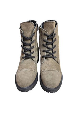 Haki Hakiki Süet  Bağcık Detay  Yandan Fermuarlı Kalın Topuk Bot