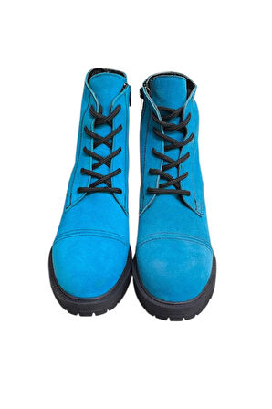 Mavi Hakiki Süet  Bağcık Detay  Yandan Fermuarlı Kalın Topuk Bot