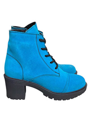 Mavi Hakiki Süet  Bağcık Detay  Yandan Fermuarlı Kalın Topuk Bot
