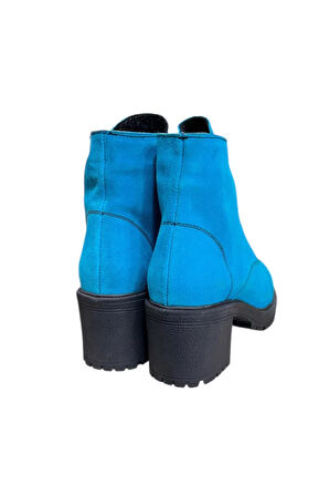 Mavi Hakiki Süet  Bağcık Detay  Yandan Fermuarlı Kalın Topuk Bot