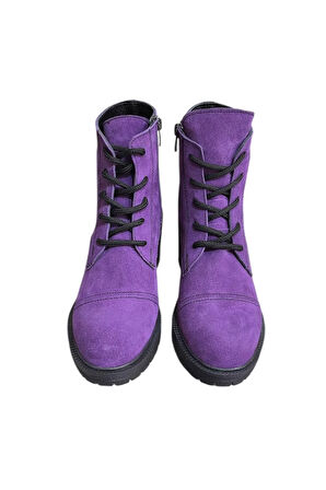 Mor Hakiki Süet  Bağcık Detay  Yandan Fermuarlı Kalın Topuk Bot