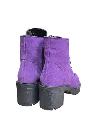 Mor Hakiki Süet  Bağcık Detay  Yandan Fermuarlı Kalın Topuk Bot