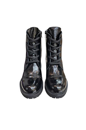 Siyah Hakiki Deri Rugan  Bağcık Detay  Yandan Fermuarlı Kalın Topuk Bot