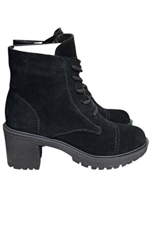 Siyah Hakiki Süet  Bağcık Detay  Yandan Fermuarlı Kalın Topuk Bot