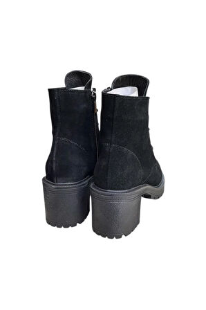 Siyah Hakiki Süet  Bağcık Detay  Yandan Fermuarlı Kalın Topuk Bot