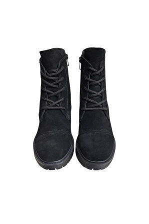 Siyah Hakiki Süet  Bağcık Detay  Yandan Fermuarlı Kalın Topuk Bot