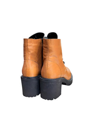Taba Hakiki Deri  Bağcık Detay  Yandan Fermuarlı Kalın Topuk Bot