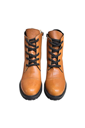 Taba Hakiki Deri  Bağcık Detay  Yandan Fermuarlı Kalın Topuk Bot