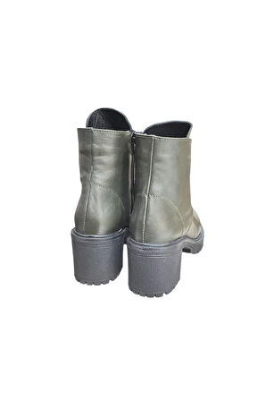 Yeşil Hakiki Deri  Bağcık Detay  Yandan Fermuarlı Kalın Topuk Bot