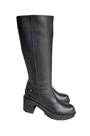 Siyah Hakiki Deri Fermuarlı Çizme 