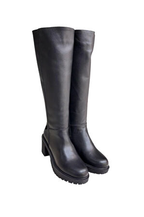 Siyah Hakiki Deri Fermuarlı Çizme 