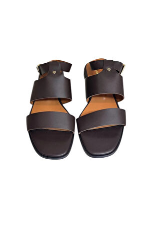 Kahve Hakiki Deri Çift Bant Bilekten Bağlı Bodrum Tarzı Sandalet 